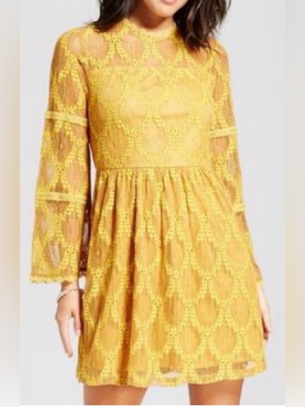 Xhilaration Yellow Lace Fit-and-Flare Long Sleeve Mini Dress